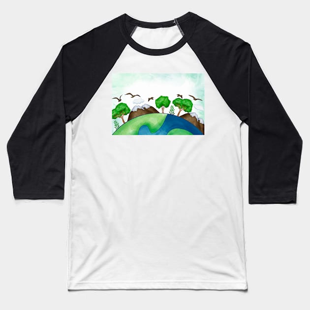 Earth Day Watercolor Baseball T-Shirt by Mako Design 